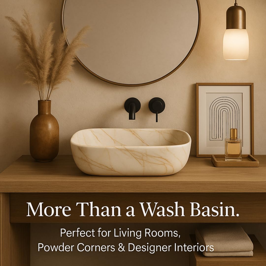 HISRE Table Top Wash Basin For Bathroom | Over Counter Top Wash Basin For Living Room | Washbasin Countertop | Tabletop Ceramic Bathroom Kitchen Sink (45 x 33 x 13 CM) (White - SKTP401) 2