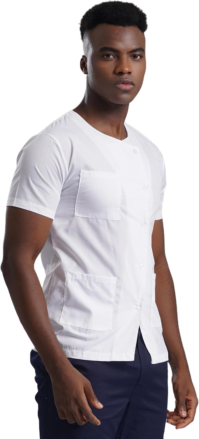 Vxuxlje Men's Scrub Top with 3 Pockets Scoop Neck Short Sleeve Button-up Scrub Top Uniforms