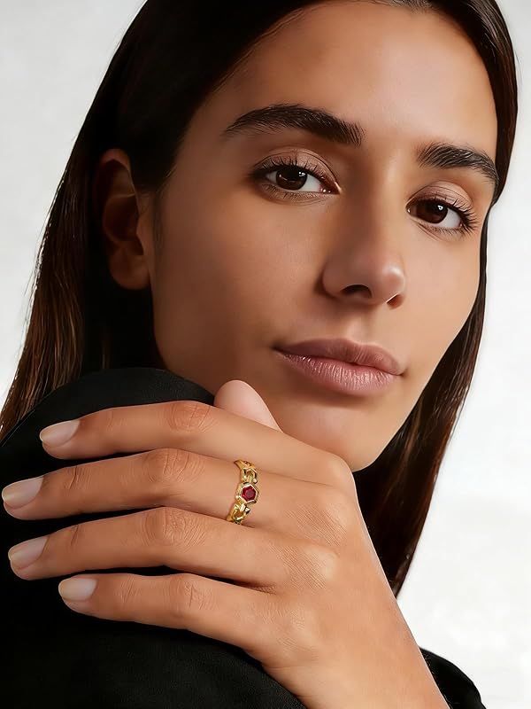 Wyyxl 14K Gold Ruby Wedding Band 5.5mm Thick Chain Link Ring 1 Carat Red Birthstone Eternity Rings for Men Women - Size 6 by Wyyxl - Image 6