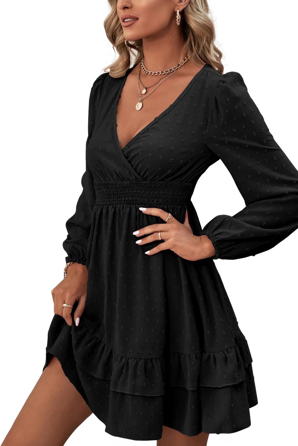 Rooscier Women's Wrap V Neck Swing Ruffle Swiss Dots Long Sleeve Mini Dress - Image 4