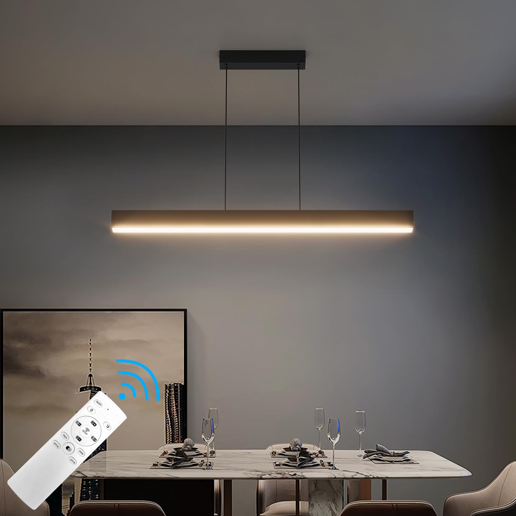 Klighten Led Lámpara Colgante De Comedor, Lamparas de Techo Con Mando a Distancia, Regulable 3000K–6000K, Lámpara De Comedor Diseño Lineal Altura Ajustable 150cm, Para Cocina Oficina, 80Cm/24W, Negro