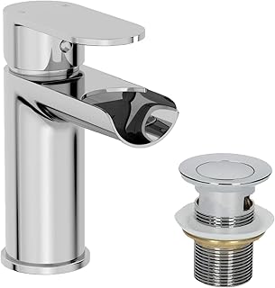 Edsberg Bathroom Waterfall Basin Sink Mixer Tap with Waste Modern Mono Round Single Lever Handle Faucet for Sinks, Chrome