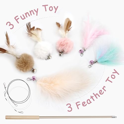 Miniatura 2 de SONGWAY Juguetes interactivos de plumas para gatos, juego de 7 juguetes para gatos de interior, varita retráctil con recambios de juguete de cola de