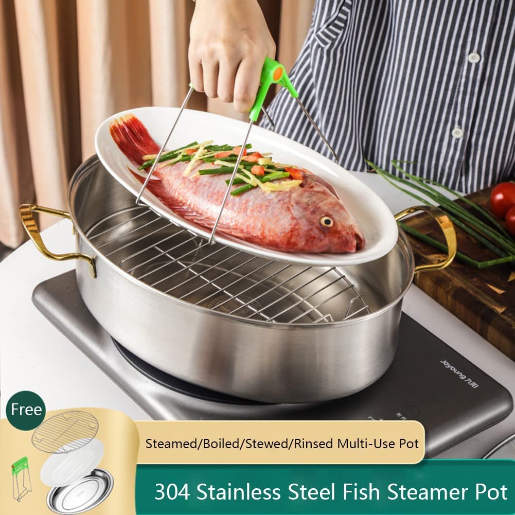 Ensemble de cuiseur à vapeur ovale en acier inoxydable 304 avec marmite de 8 pintes, couvercle en verre visible, casserole et mandrin en acier inoxydable pour cuire le poisson à la vapeur, soupe bo