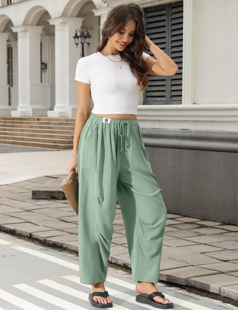 TARSE Women’s Linen Casual Pants Loose Fit Drawstring Waist Straight Leg Trousers Beach Travel Vacation Clothes with Pockets - Image 3