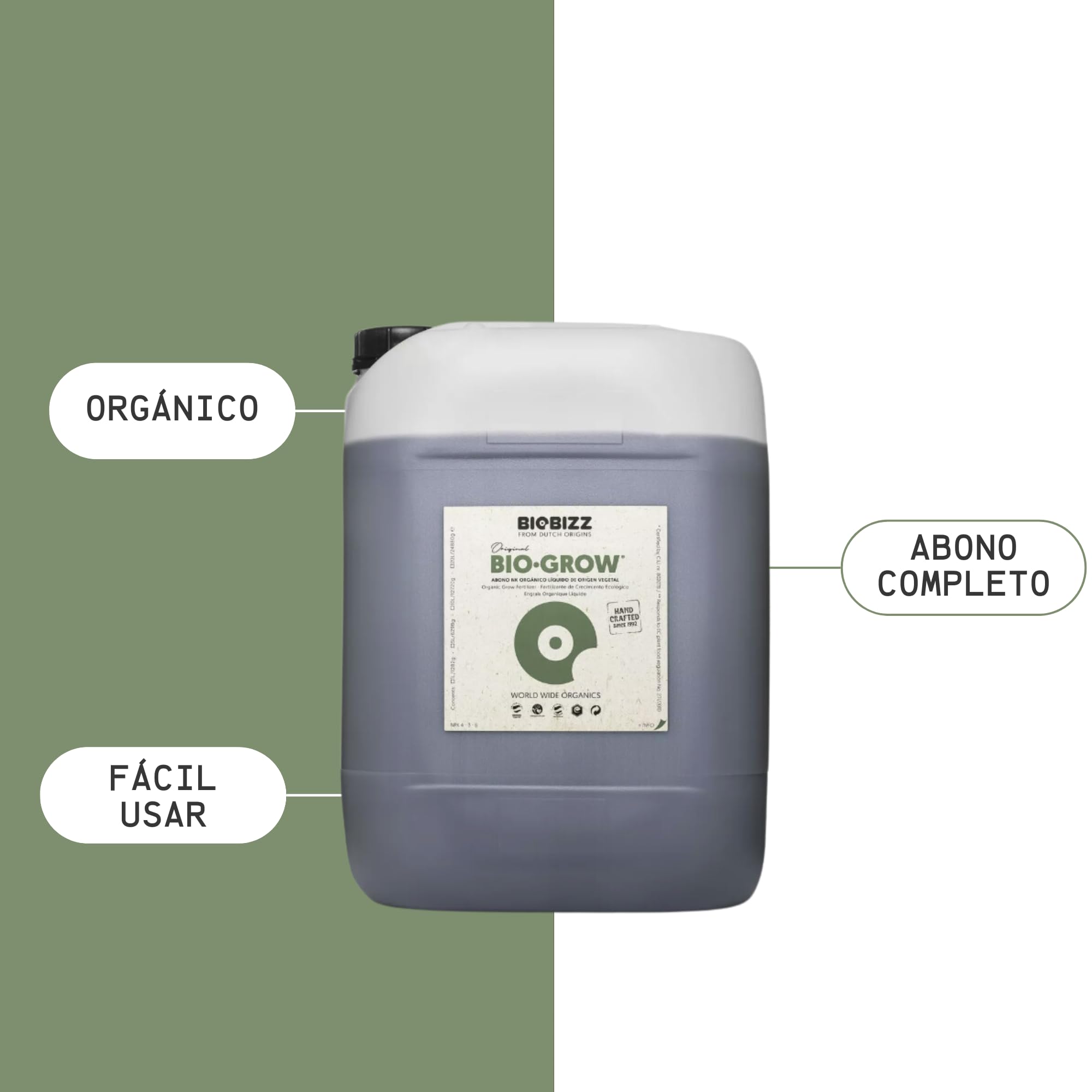GROWMANIA Bio Grow de BioBizz 5L + Muestra Boost Up + Vaso Medidor | Biogrow Fertilizante Orgánico para Crecimiento Extenso | Ideal para Jardines Grandes y Huertos