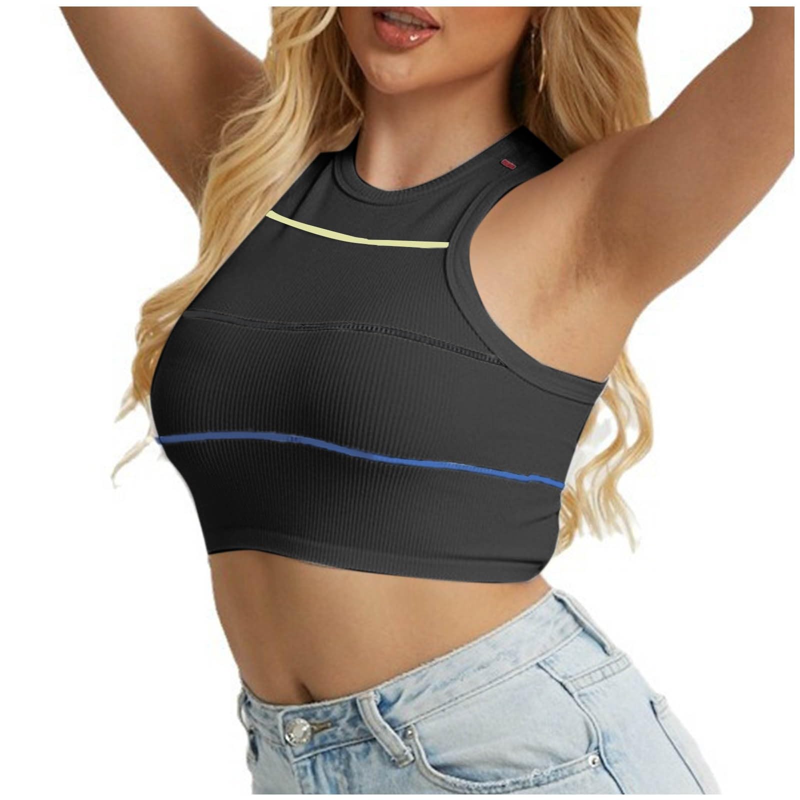 Women Y2k Crop Tank Top High Neck Ribbed Knit Camisole Casual Basic Tees Sleeveless Racerback Workout Yoga Tops