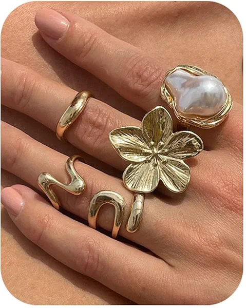 ZMJK Gold Chunky Rings for Women Vintage Flower Open Statement Knuckle Ring Unique Irregular Pearl Stacking Ring Set for Women Non Tarnish Boho Rings