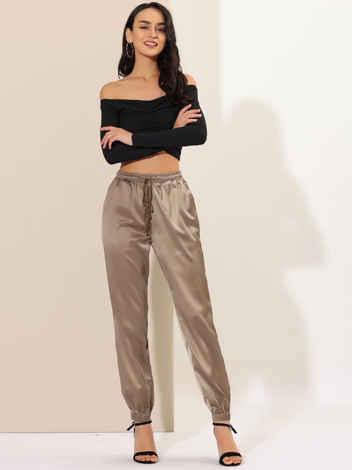 Allegra K Women's Satin Pants Drawstring Elastic Waist Straight Leg Ankle Length Dressy Joggers with Pocket