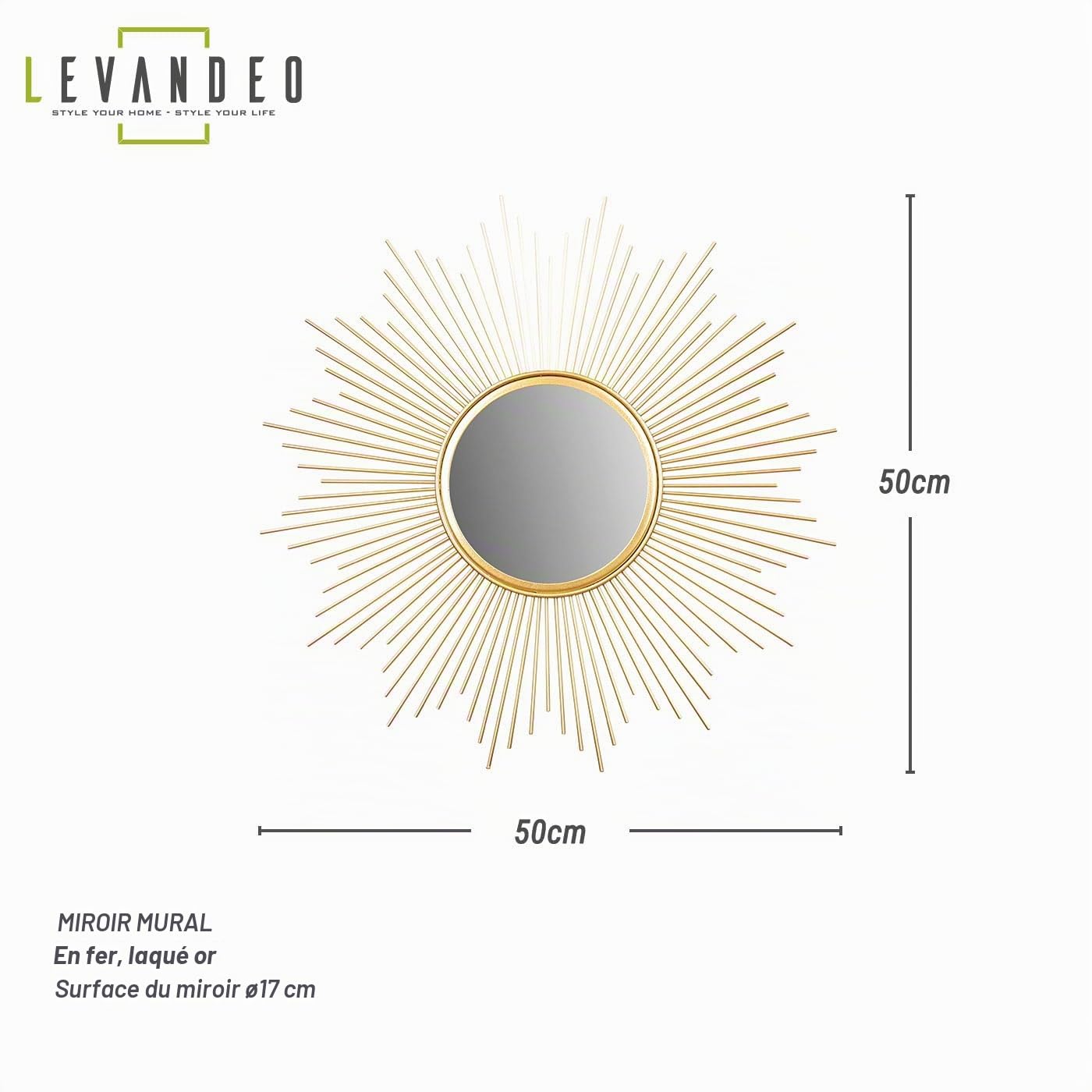 Levandeo Miroir de Soleil Doré - Diamètre 50 cm, en Métal, Motif de Soleil, Style Bohème pour Couloir