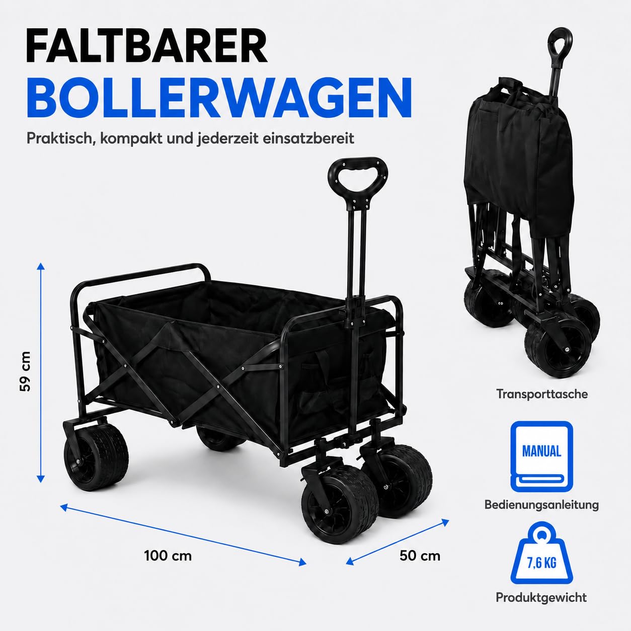 Silvergear® XL Bollerwagen Faltbar 150 kg | Strandwagen | 100×50×59 cm | Schwarz