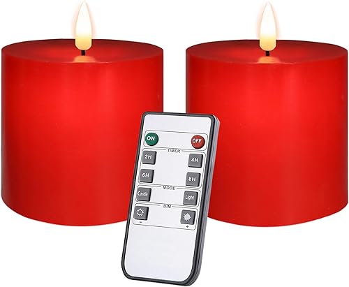 Juego de 2 velas rojas sin llama (3 x 3 pulgadas), velas LED parpadeantes de cera real que funcionan con pilas con temporizador de control remoto