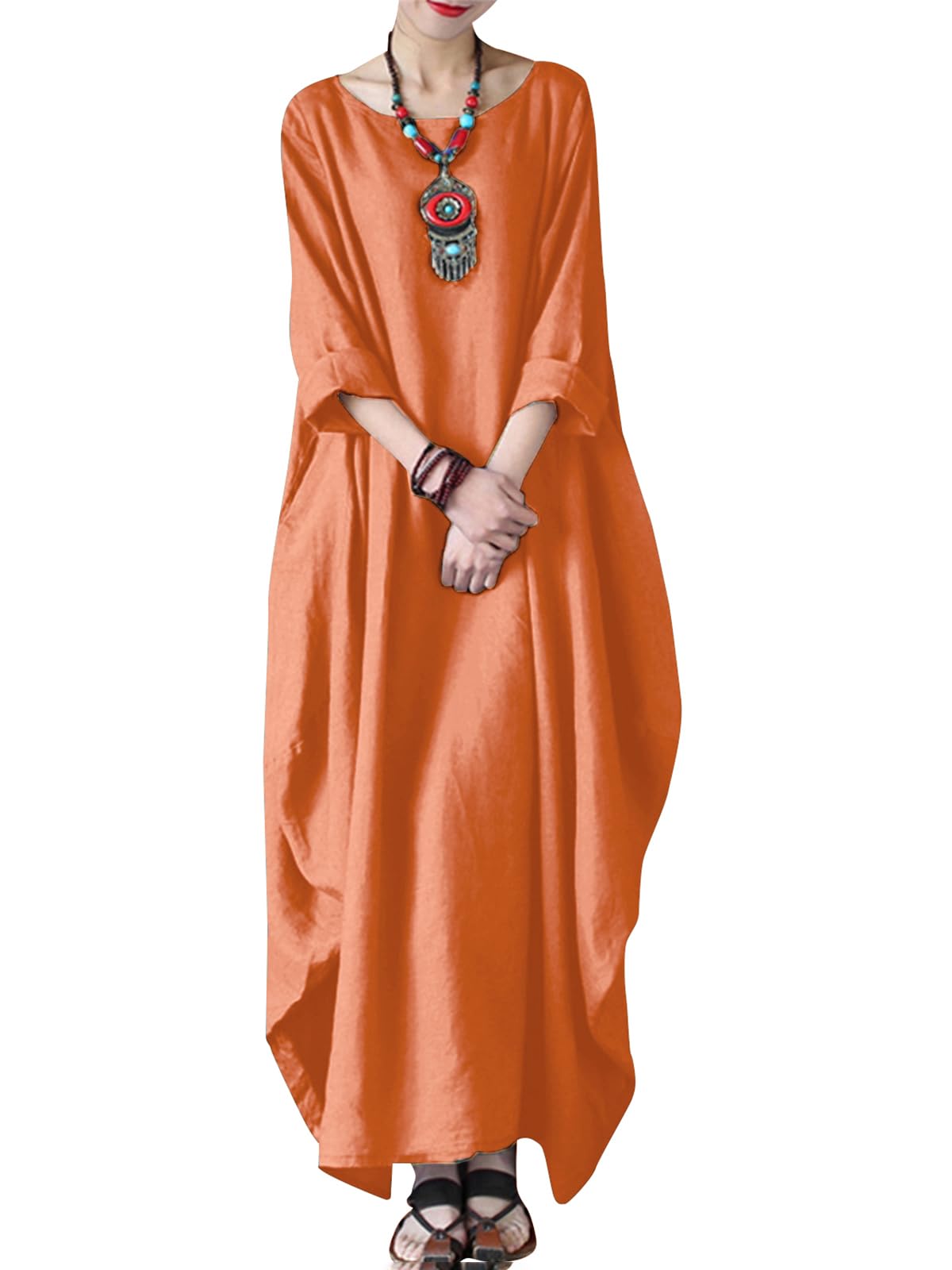 Celmia Autumn Solid Loose Long Maxi Dress Cotton Caftan