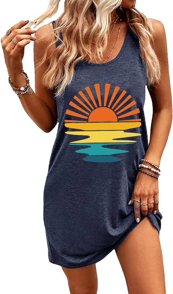 Summer Tank Dress for Women Casual Vacation Sundress Coconut Tree Graphic Beach Cover Up