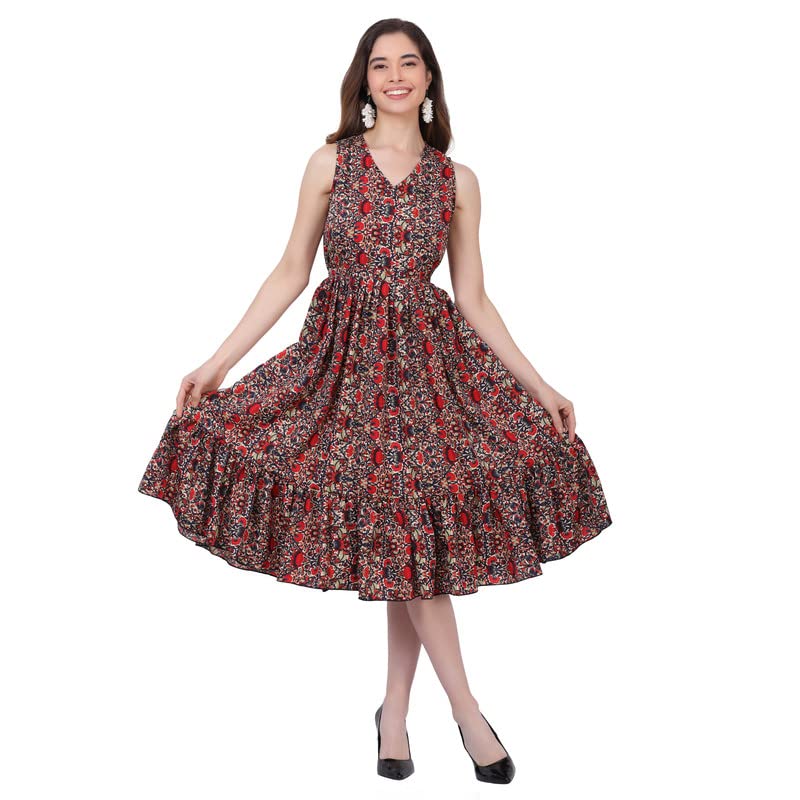 Image of Women's Crepe A-Line Knee Length Dress | Western Sleeveless Dress for Girls | Flared Frock | Frill Midi | Knee Gown