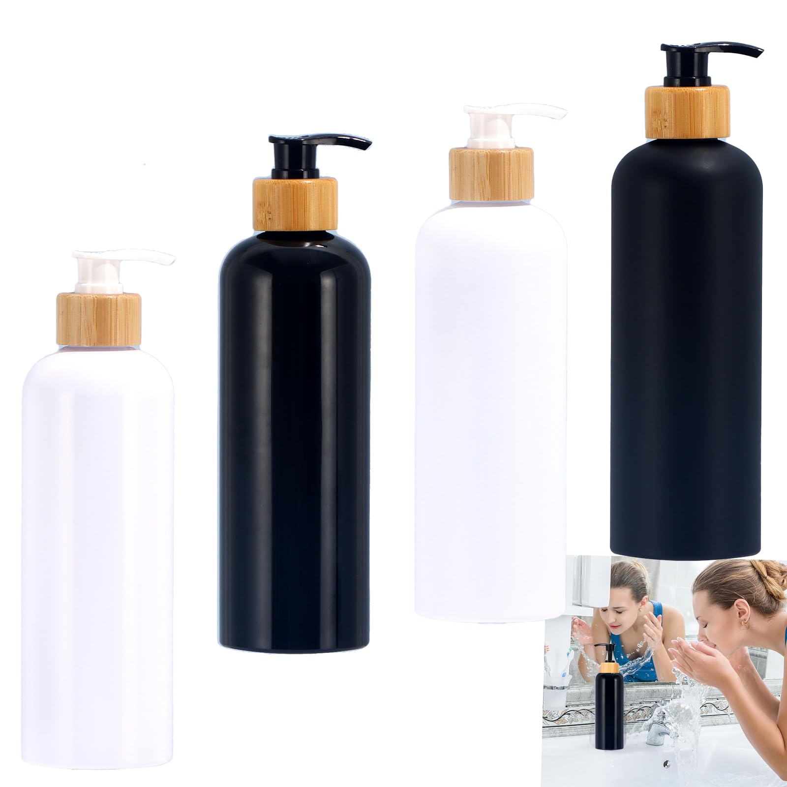 Dispensador de champú y acondicionador de 500 ml con bombas de bambú, juego de 4 piezas