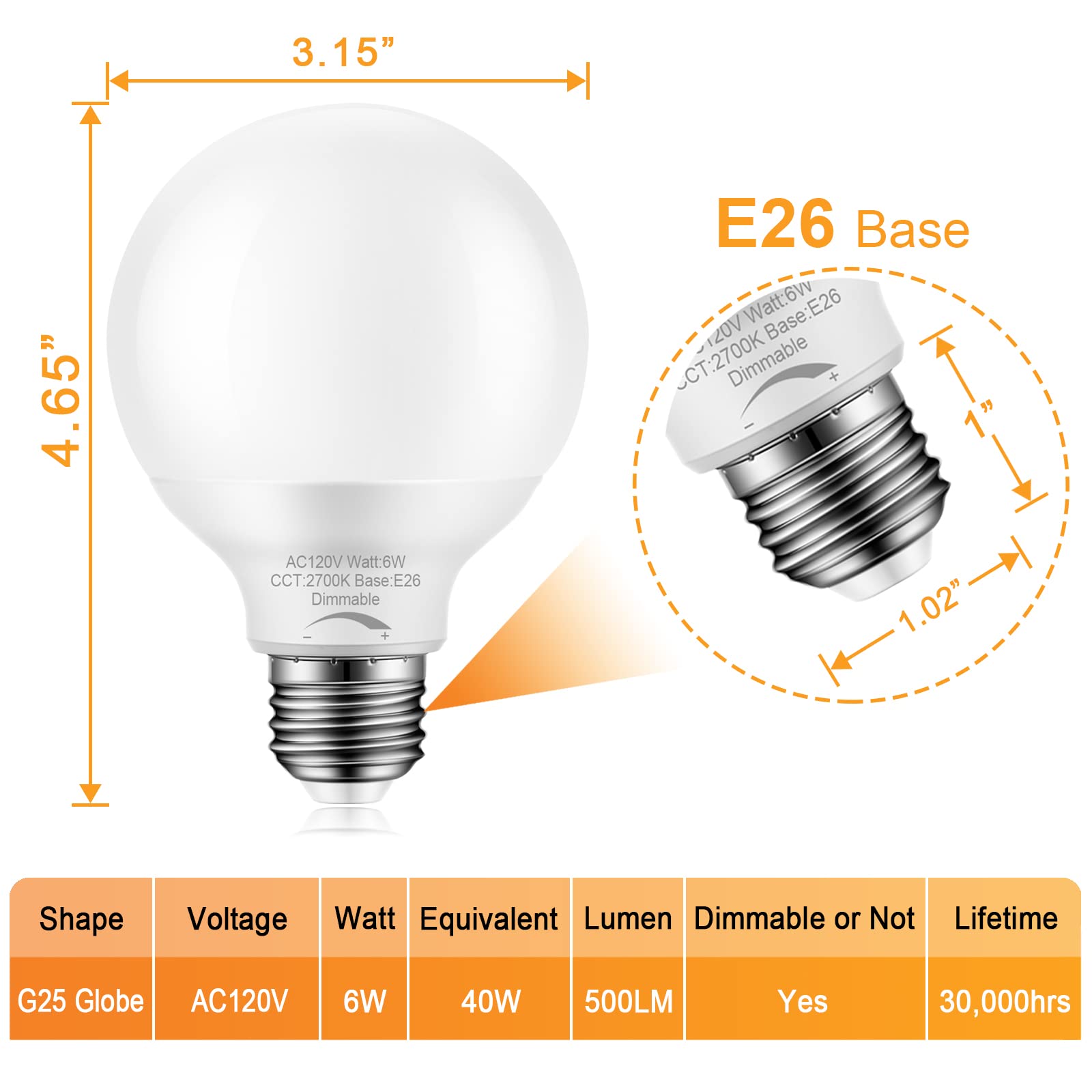 Paquete de 10 bombillas LED G25 regulables, 6 W = 40 W, blanco cálido 2700 K, base mediana E26, ideal para tocador de baño, espejo de maquillaje o luz Sputnik, 120 V, bombillas redondas