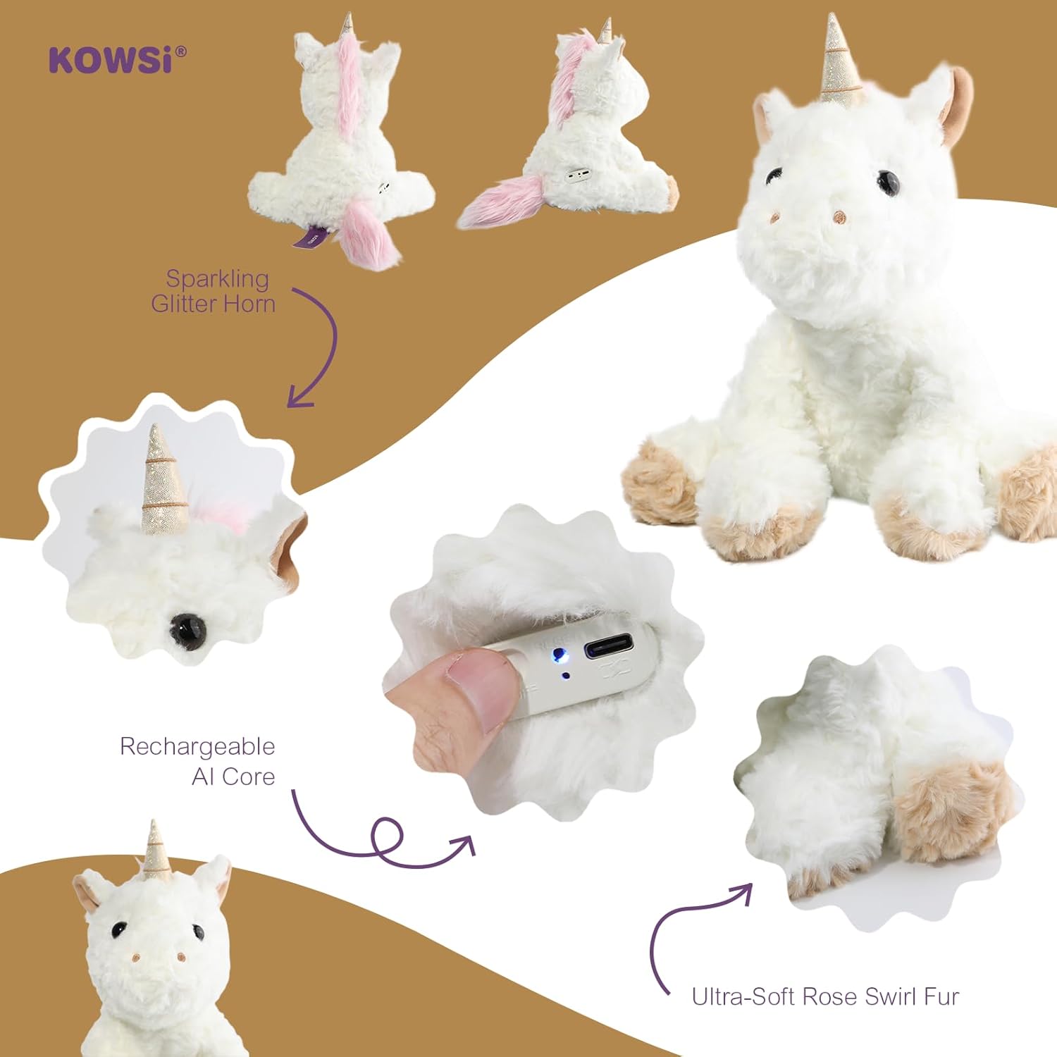 KOWSI unicorn plush with gift box, user guide, and greeting cards