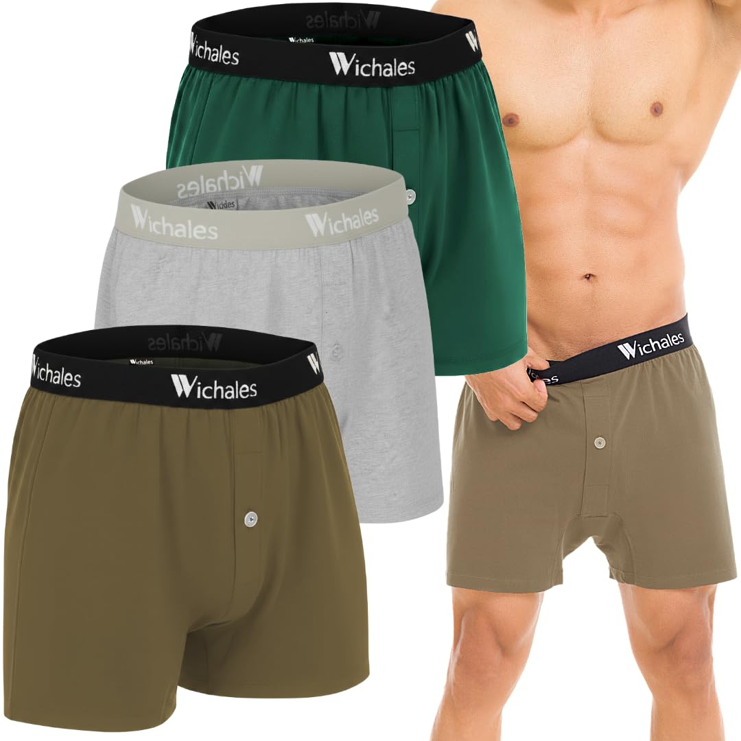 Wichales Mens Boxers Cotton Underwear Premium Boxer Shorts 3 Pack Relaxed Fit Shorts with Button Fly Tagless Waistband