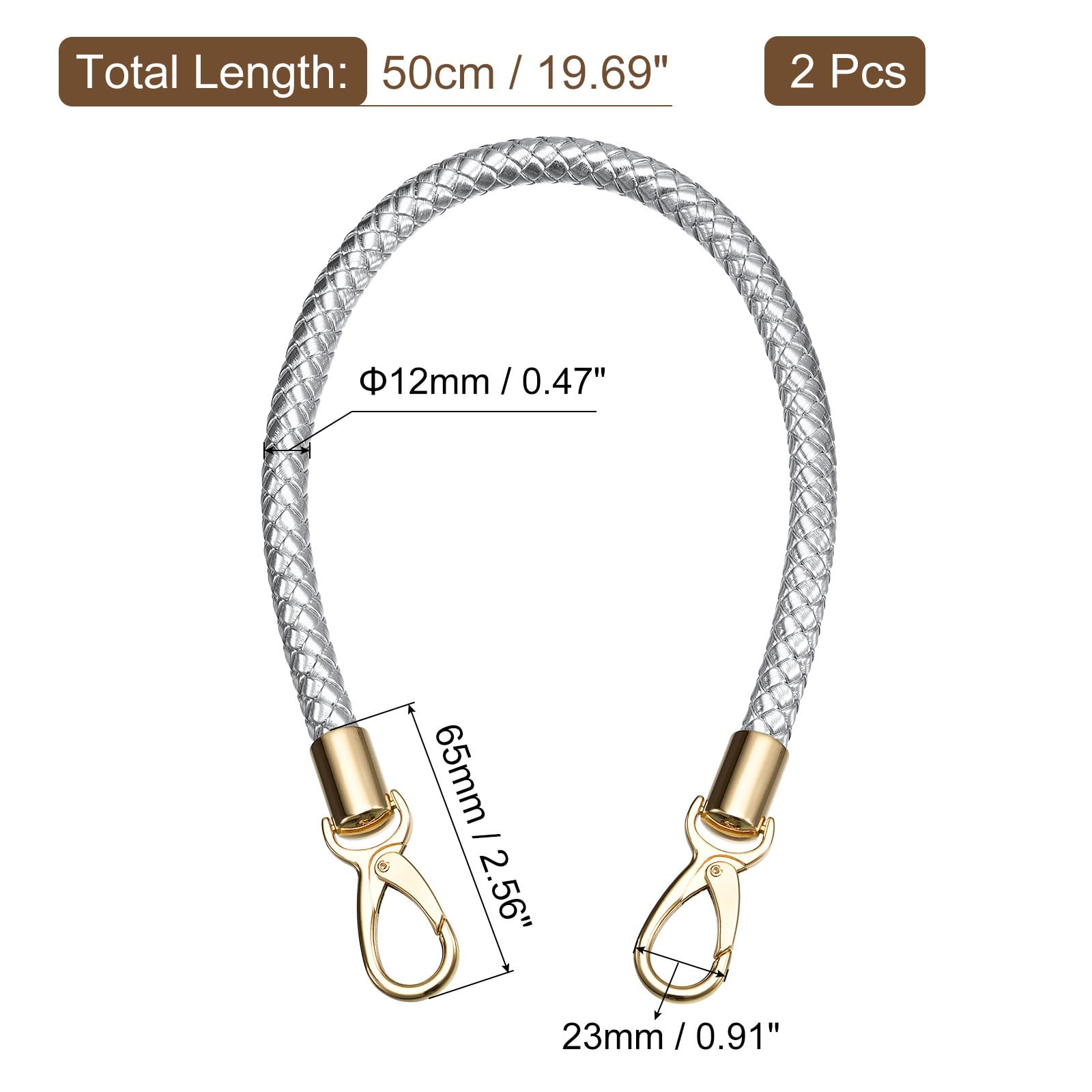 Uxcell Leather Purse Strap, 2Pcs 50cm/19.7" PU Braided Purse Replacement Handle for Women's Handbag Underarm Bag Tote (Silver) - Image 2
