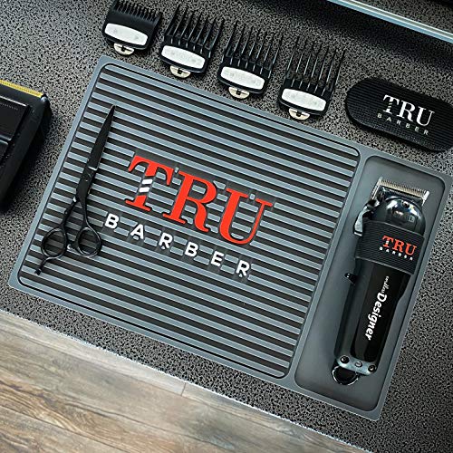 Image of TRU BARBER ORGANIZER MAT 13 inchX 9 inch (CHARCOAL GREY) Flexible PVC Station Mat, Professional Mat, Salon and Barbershop work Station pads, Beauty salon tools hairstylist, Counter mat for clippers, Anti slip