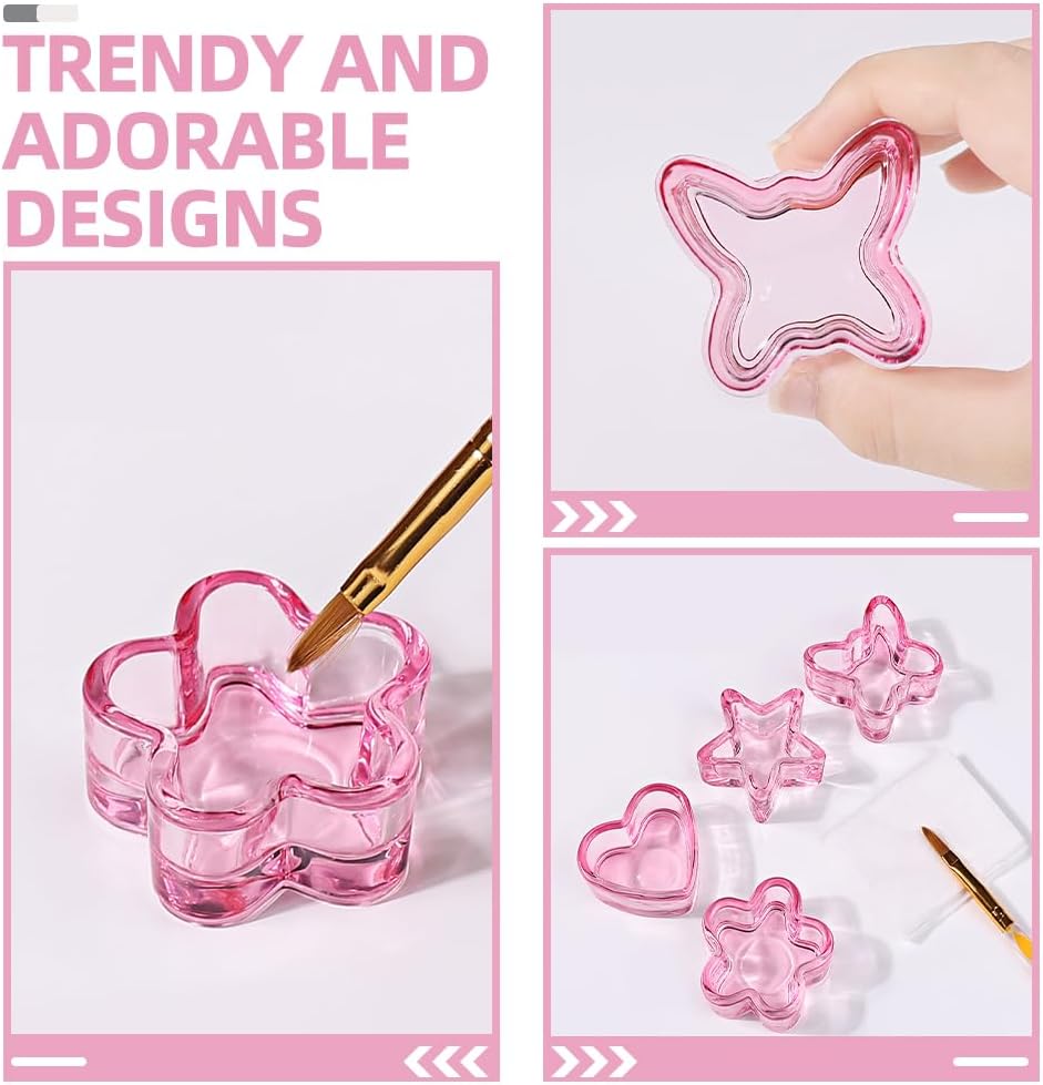 NOLITOY 4 Pcs Pink Crystal Nail Art Dappen Dish Set with Star Heart Butterfly Shapes Acrylic Nail Tools for Manicure Organization 1.96 Inch