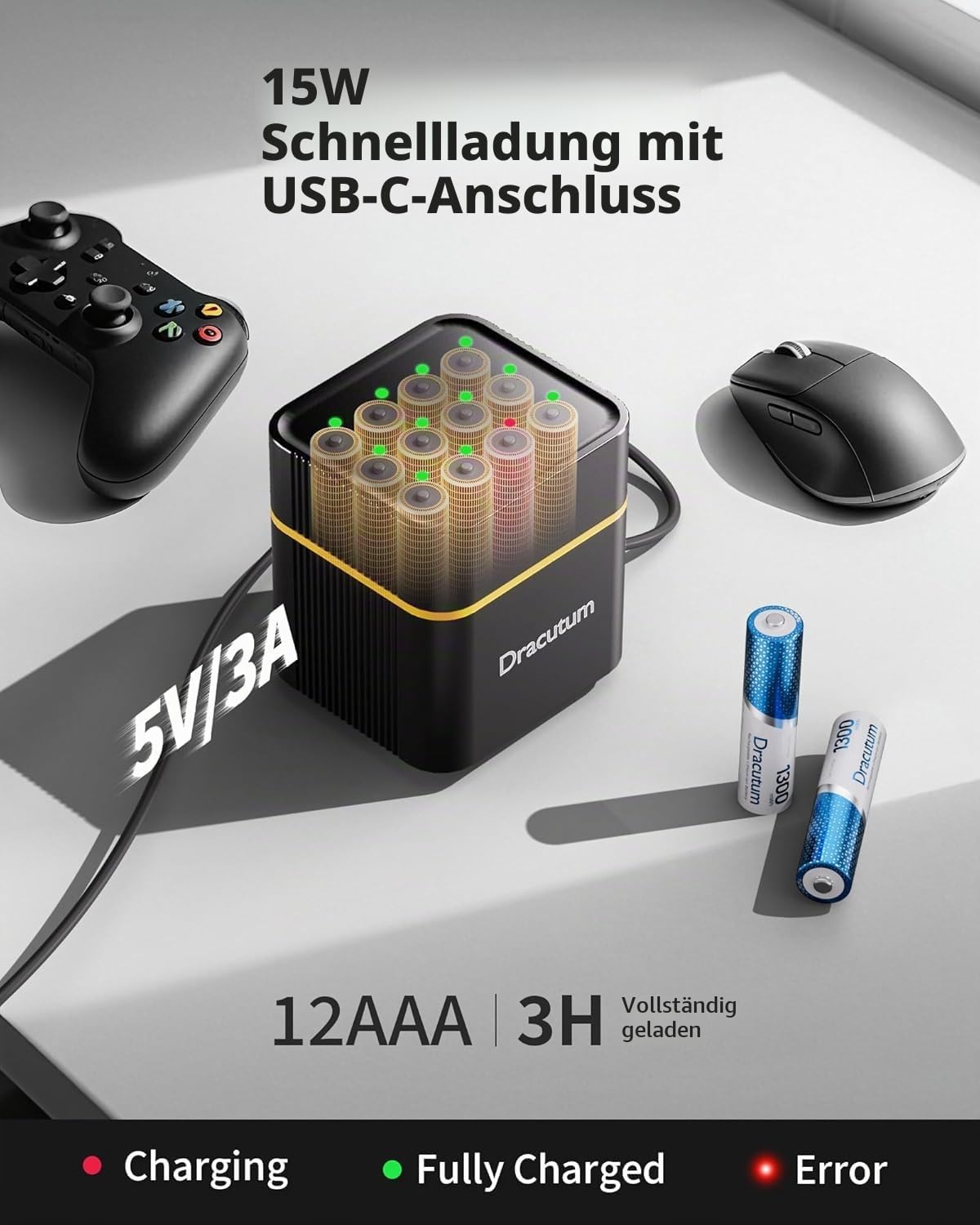 AAA Wiederaufladbare Lithium Akkus 12 Pack mit Ladegerät, 1300mWh Hohe Kapazität 1.5V AAA Batterien, 2000 Ladezyklen Langlebige AAA Li-ion Batterie mit Integrierter Charing Aufbewahrungsbox