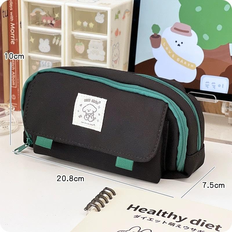 Image of Canvas School Bag Pencil Case, 3 Layer 6 Compartment Large Capacity, Aesthetic Pencil Pouch for Stationary, Cute Stationery for Kids, Pencil Case for Girls & Boys (Green+Black)