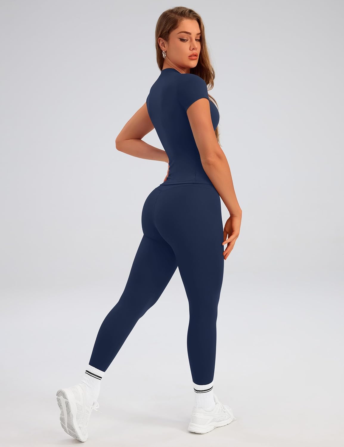 Relety Womens Two Piece Workout Sets Slim Fit Short Sleeve Shirt High Waist Leggings Yoga Outfits Matching Gym Set