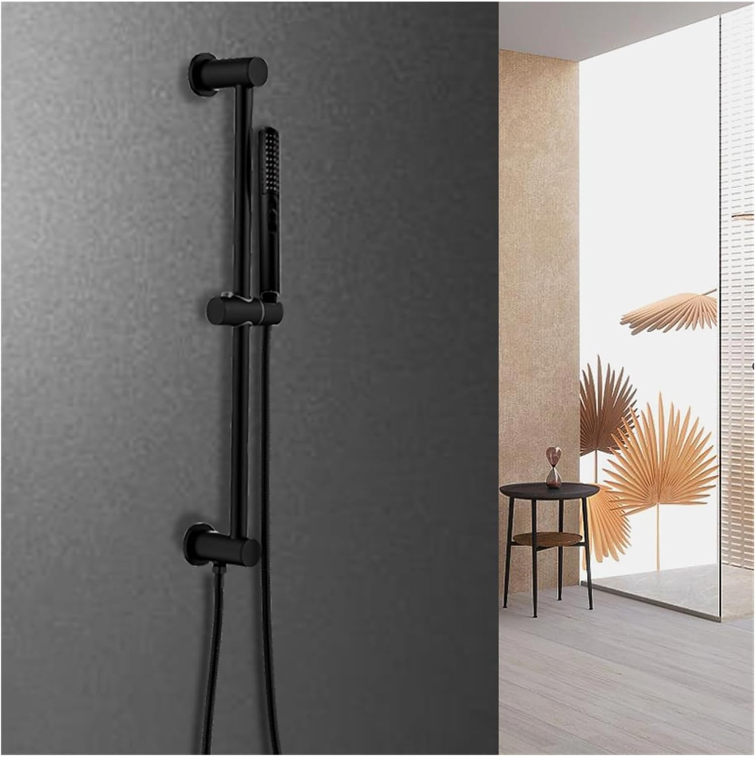 Bathroom Shower Bar Column with Water Outlet Sliding Movable Adjustable Wall Mounted with Bracket Holder Hand Set Matt Black(SB0019BK)