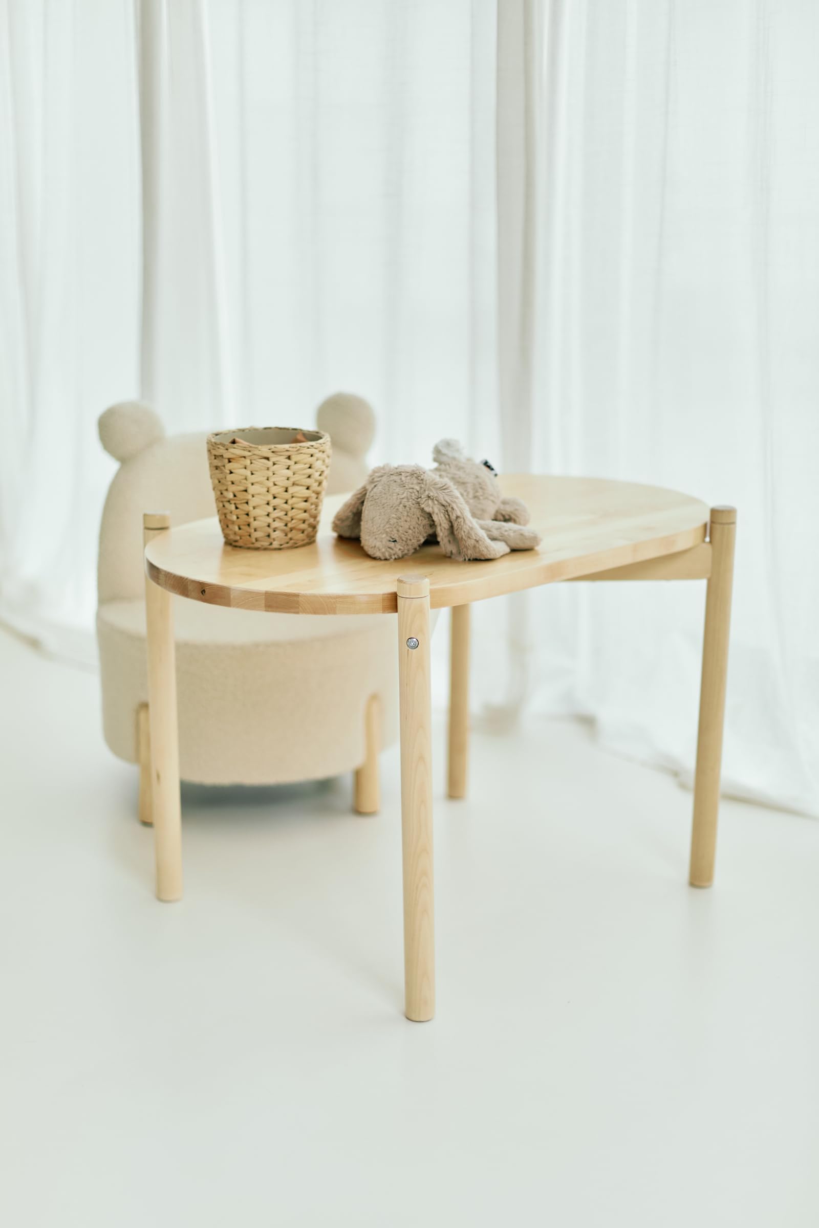 CHILDHOME, Cuna 2 en 1, 0-6 Meses, Madera de Abedul y Material de Peluche, Mesa Infantil, Mesa de Actividades de 6meses a 6años, Colchón Incluido, Segura, Peluche Crudo