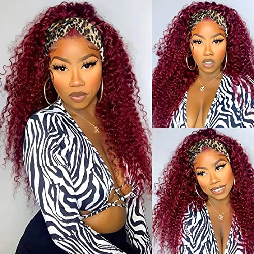 Image of 99J Burgundy Headband Wig Deep Wave Human Hair 20 Inch Glueless Headband Wigs for Black Women Brazilian Red Wine Curly Headband Wigs Machine Made None Lace Front Wigs Human Hair 150% Density