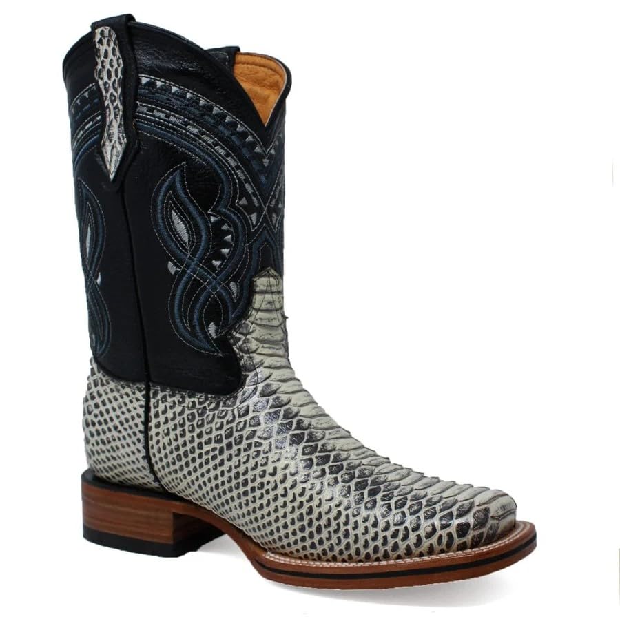 Men’s Exotic Snakeskin Genuine Leather Python Print Square Toe Cowboy Western Boots - Natural