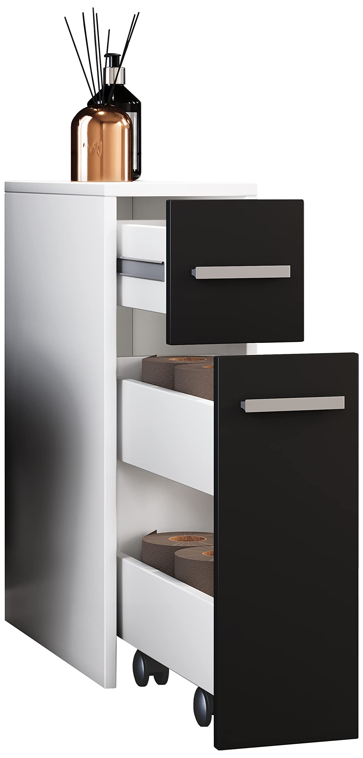 VCM Badmöbel Midischrank Weiß/Schwarz 20x45x61 cm 2 Schubladen Hochschrank | Aufbewahrung für Handtücher und Pflegeprodukte - platzsparend für kleine und große Bäder