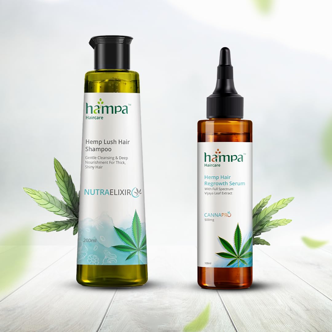 Hampa Hemp Growth Serum 100ml And Hampa Hemp NutraElixir Sulphate and Paraben free Shampoo 200ml, Vijaya Leaf Extract, Omega 3 and 6, Hairfall control and new hair growth