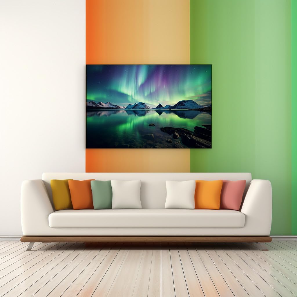 Art Wall: Ethereal Aurora Borealis Over Tranquil Mountain Peaks and Mirrored Waters. Interior Art, Canvas Art Wall, Arts Wall Decoration Size: 69x46 cm (27x18 inch)
