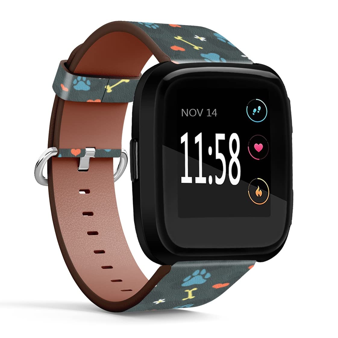 Mingdao Compatible with Fitbit Versa 2 / Versa/Versa Lite/Versa SE Patterned Leather Replacement Band (Love Hearts And Dogs Paw Prints)