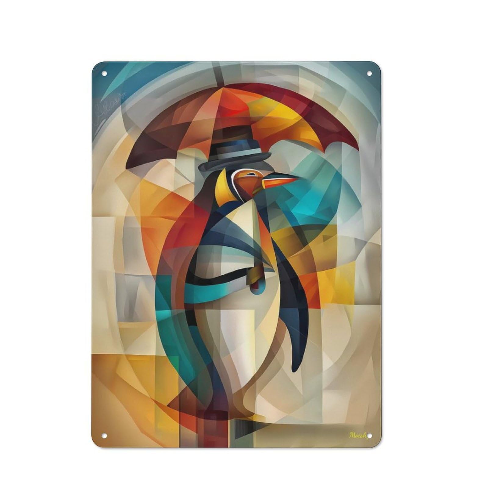 Junmoney Charming Penguin – Cubist Dandy In The Rain Rustic Metal Sign 40X30cm For Guest Room Or Hallway, Suited To Hallway Wall Decor Fans