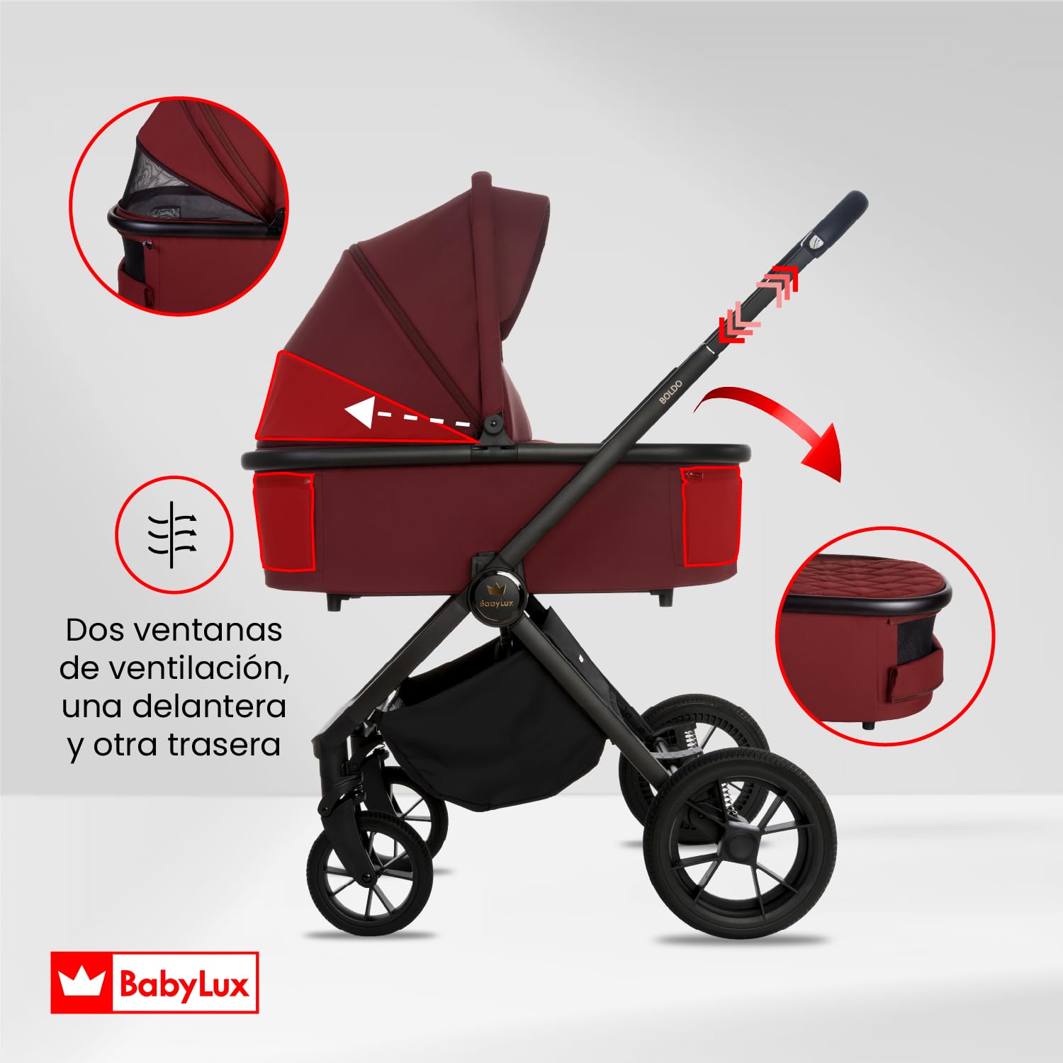 BabyLux® Carrito Bebe 3en1 BOLDO, Conjunto de Cochecito Ligero y Plegable | Incluye Capazo, Silla de Paseo, Portabebés i-Size, Bolso Cambiador y Más Accesorios, 0-22kg, Protección UV 50+,Ventilación