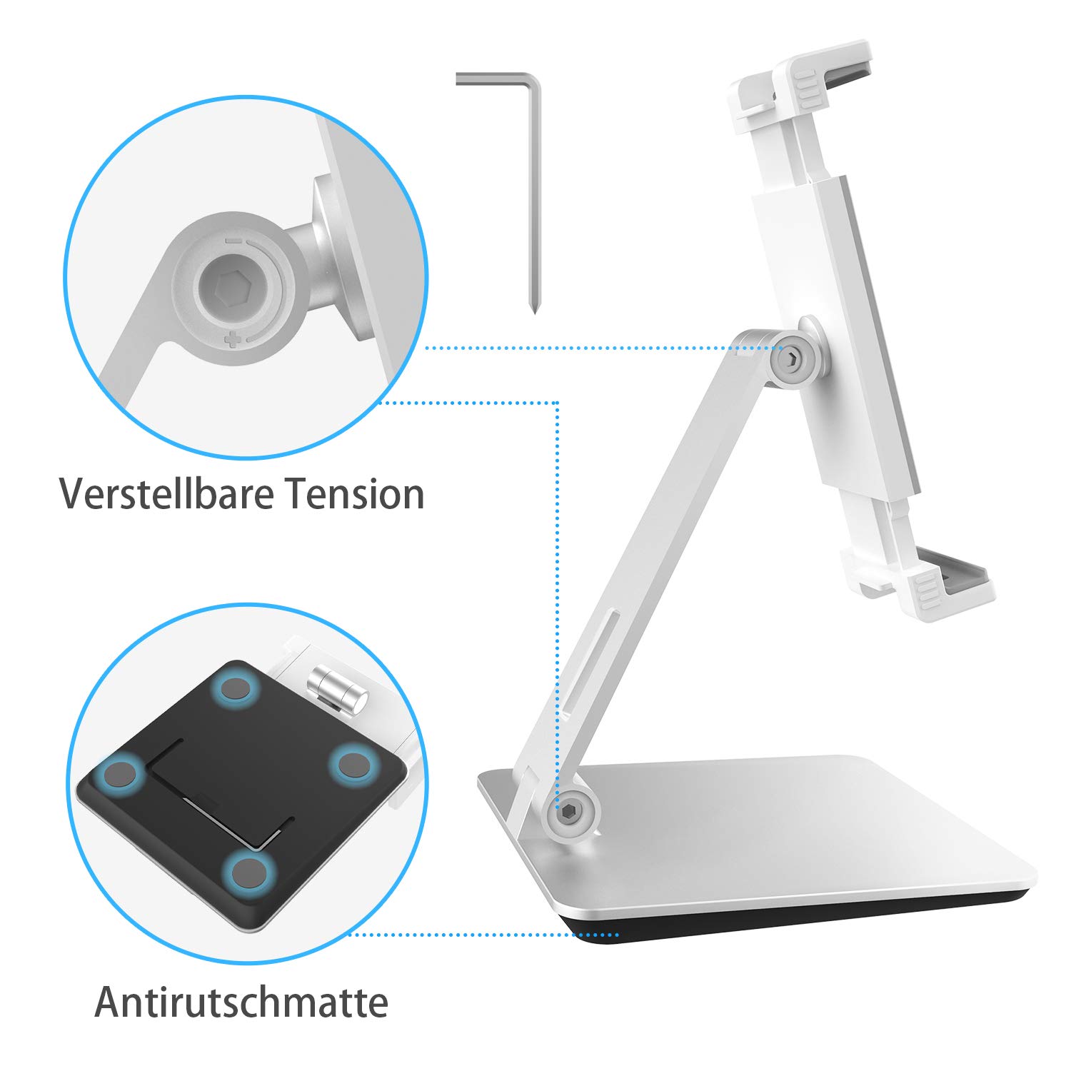 Soporte para tablet ajustable de aluminio resistente, giratorio 360°, plegable, de metal, para iPad, Samsung Tab, Kindle (4,7-13 pulgadas), color plateado