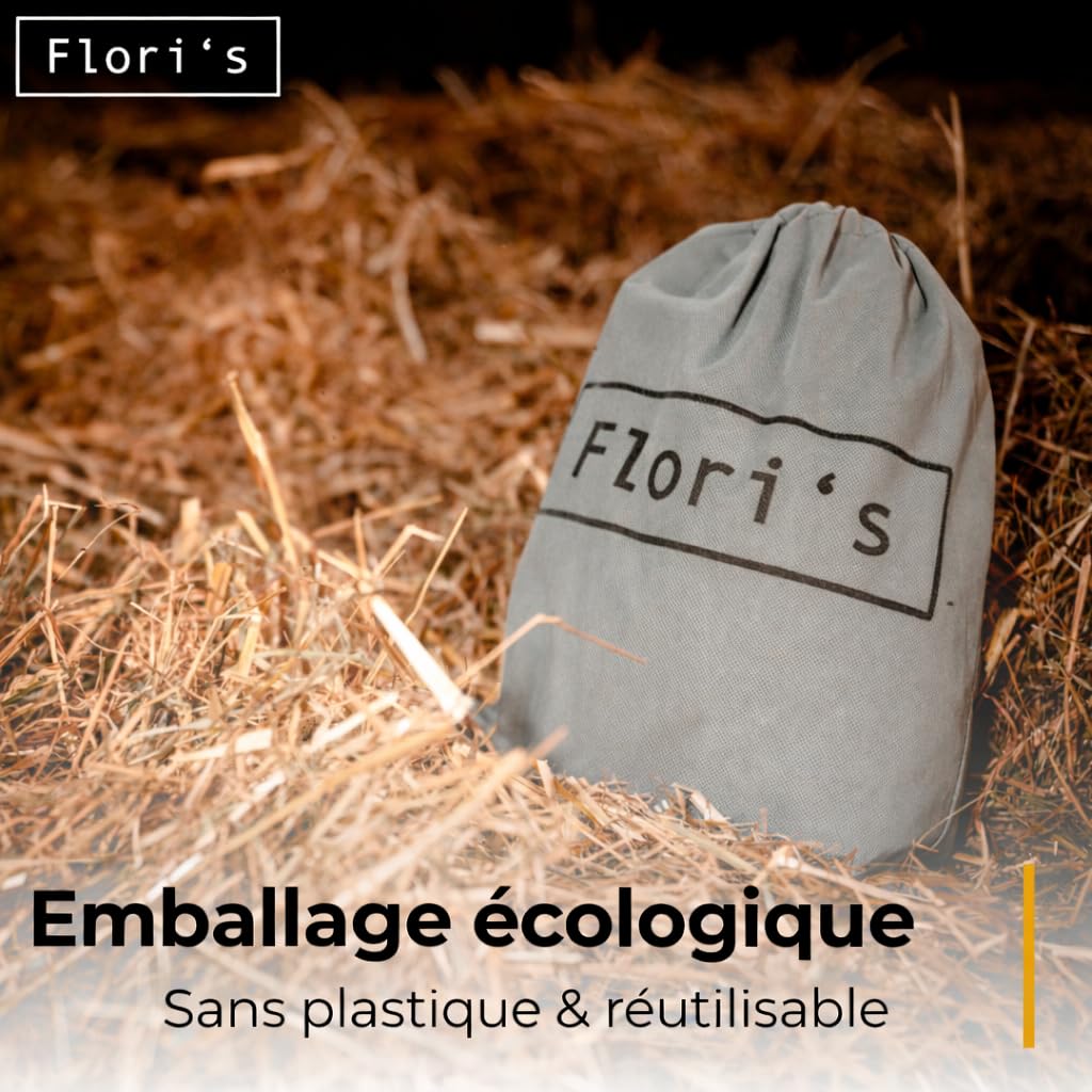 Flori's Filet à foin pour chevaux à mailles serrées - Sac à foin de qualité supérieure pour chevaux à l'alimentation adaptée à l'espèce - 90 x 60 cm - Capacité : jusqu'à 3 kg - Râteau à foin - Jouet