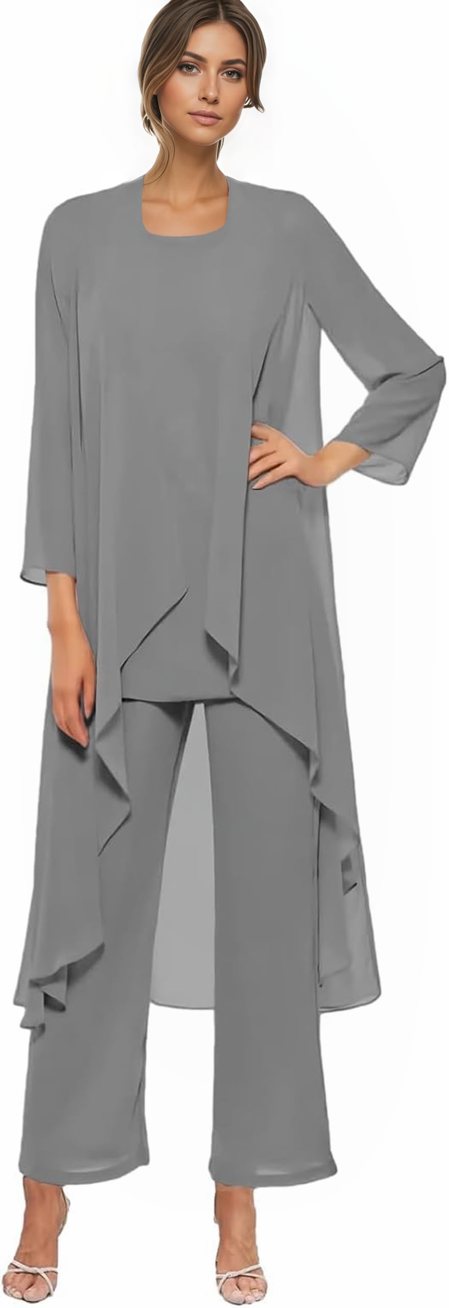 Mother of The Bride Pant Suits with Jacket Chiffon 3 Pieces Grandmother of Groom Pantsuit for Wedding