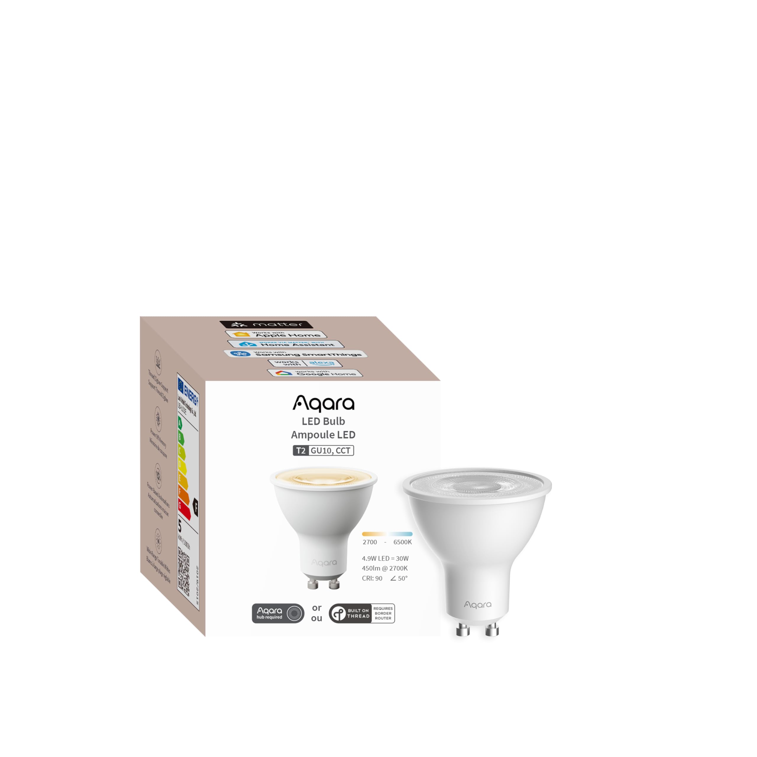 Aqara Aqara Bombilla LED T2(GU10, CCT), Thread/Zigbee, Blanca Regulable, 2700K-6500K, 30W Equivalente, Matter, Bombilla Inteligente Compatible HomeKit, Alexa, Google Home