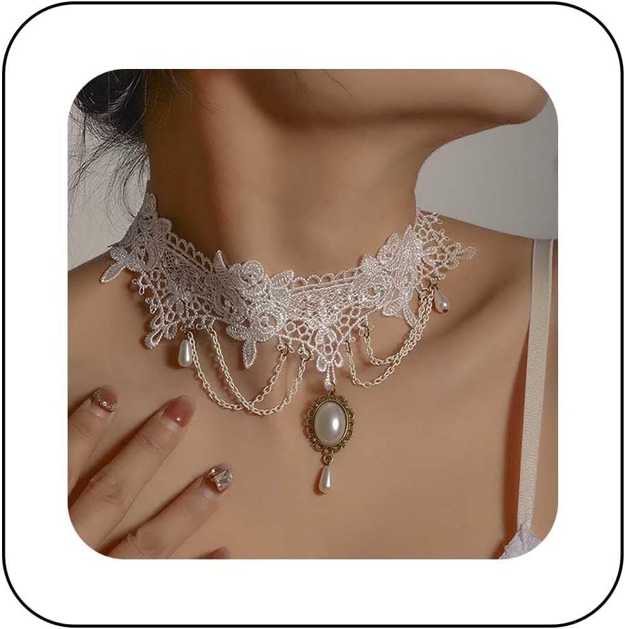 Punk White Lace Choker Necklace Steampunk Lace Necklace Pearl Chain Tassel Necklaces Bridal Pearl Necklaces Halloween Choker Jewelry for Women