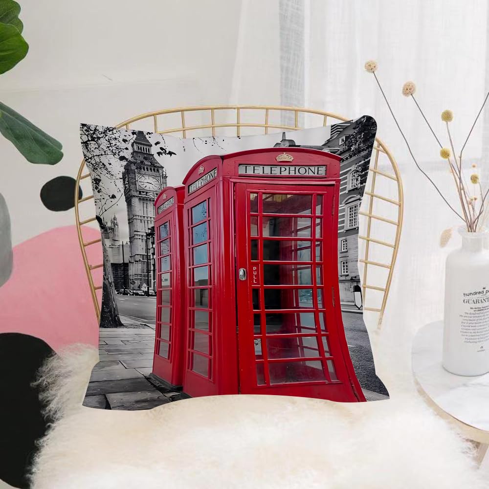 HYOSXW Cushion Cover,Throw Pillow Case Home Decorative for Living Room Bedroom Sofa Chair 16X16 Inch,London street, red telephone box and Big Ben, British street scene,Pillowcase 40X40cm