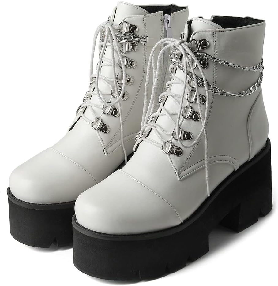LUXMAX Women Buckle Goth Chunky Platform Ankle Boots Lace Up High Heel Motorcycle Boots with Chain - Image 5
