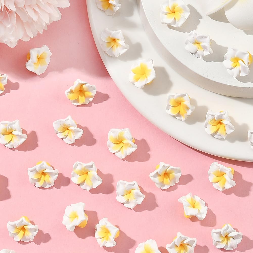 SUNNYCLUE 1 Box 100Pcs 15mm Plumeria Flower Beads Hawaiian Flower Beads White Frangipani 3D Clay Summer Hawaii Beach Floral Loose Spacers for Jewelry Making DIY Crafts Supplies Bracelets Earring