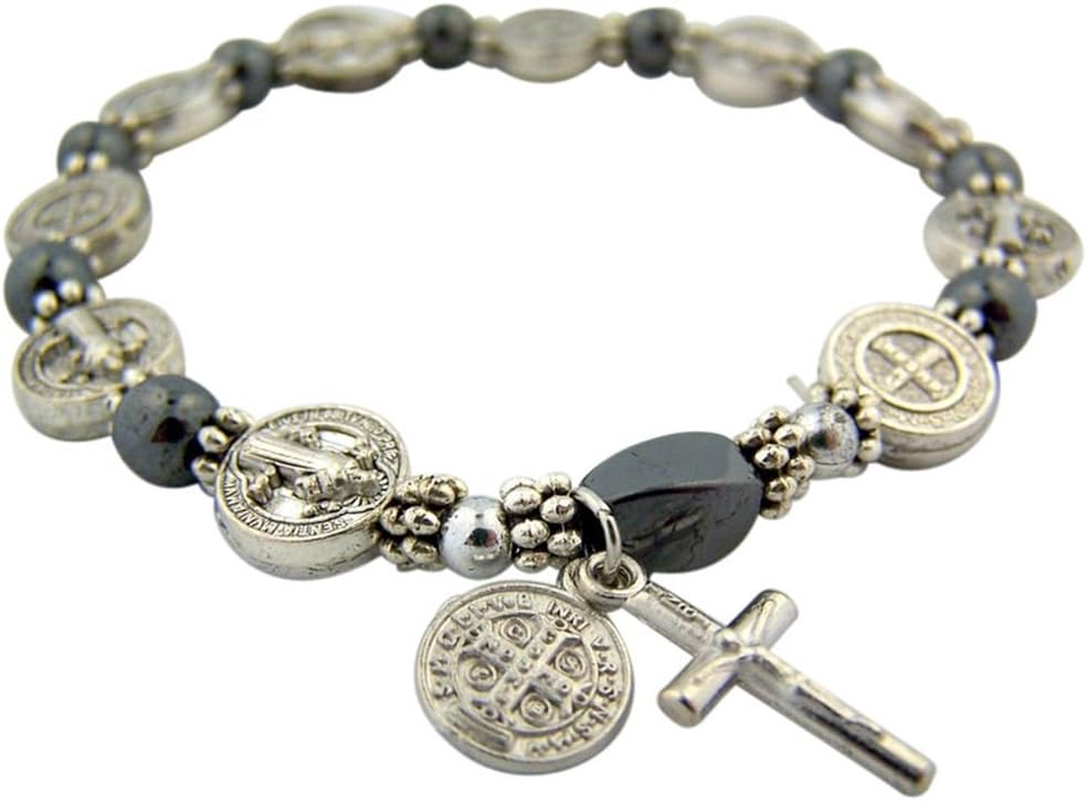 CB Silver Tone Saint Benedict Medal Hematite Bead Rosary Bracelet, 7 1/2 Inch