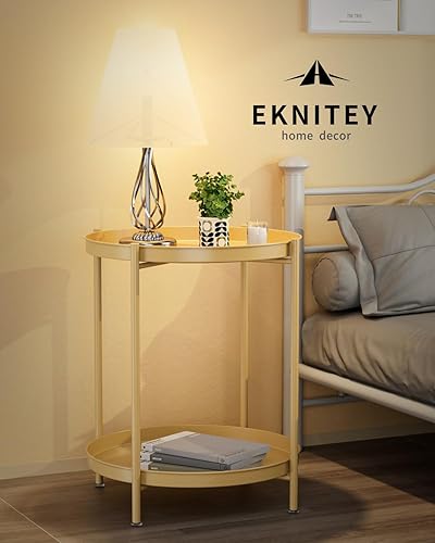 Miniatura 38 de EKNITEY Mesa auxiliar, mesa auxiliar plegable de metal impermeable, pequeña mesa auxiliar con bandeja extraíble para sala de estar, dormitorio,