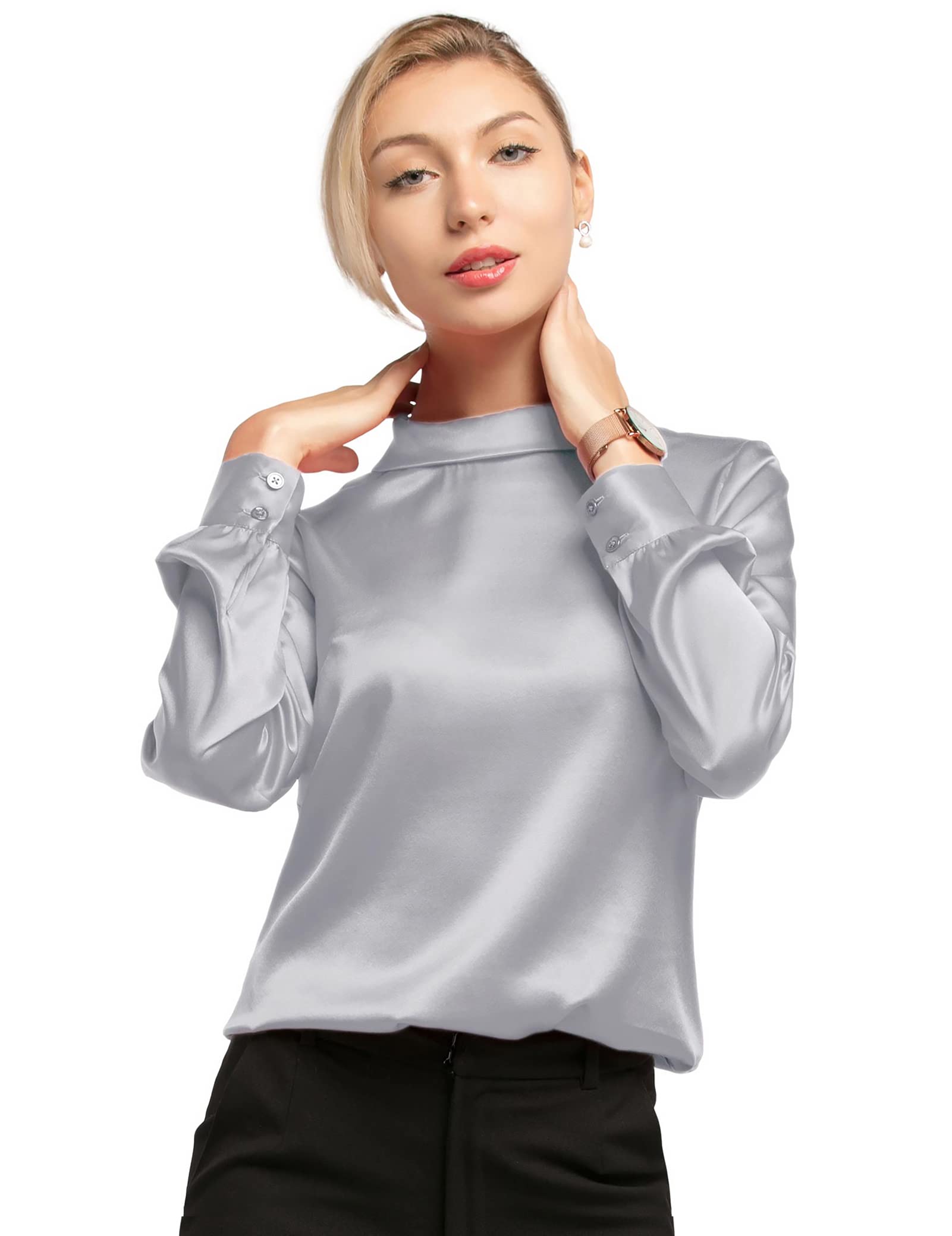 LilySilk Frauen Seidenbluse Damenhemd Stehkragen Langarmshirt Schlichte Damenbluse für Arbeit oder Freizeit